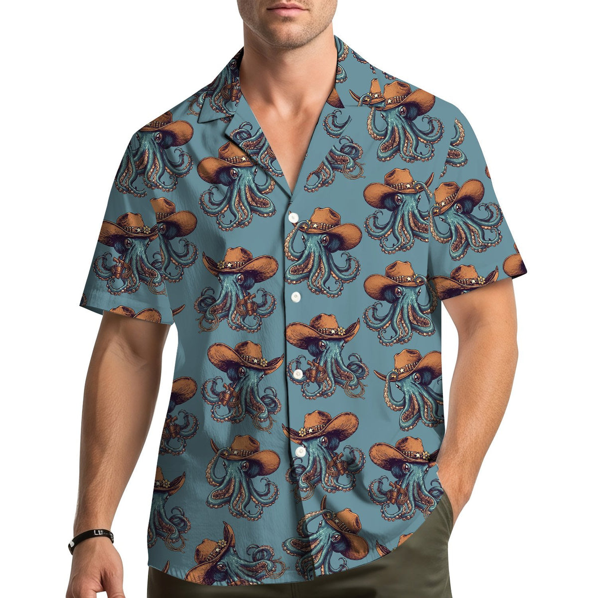 Lifestyle image of an adult wearing the cowboy octopus hawaiian shirt outdoors
