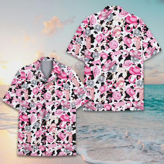 Cowgirl disco hawaiian shirt with pink western theme on cow print, main view