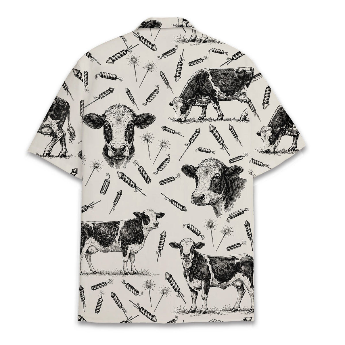 Back view of the beige cows hawaiian shirt with fireworks design