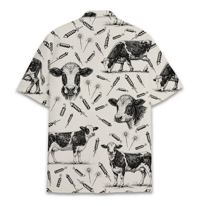 Back view of the beige cows hawaiian shirt with fireworks design