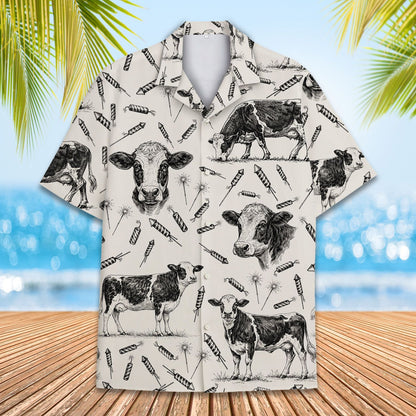 Close up front view of the beige cows hawaiian shirt detailing the vintage illustration pattern