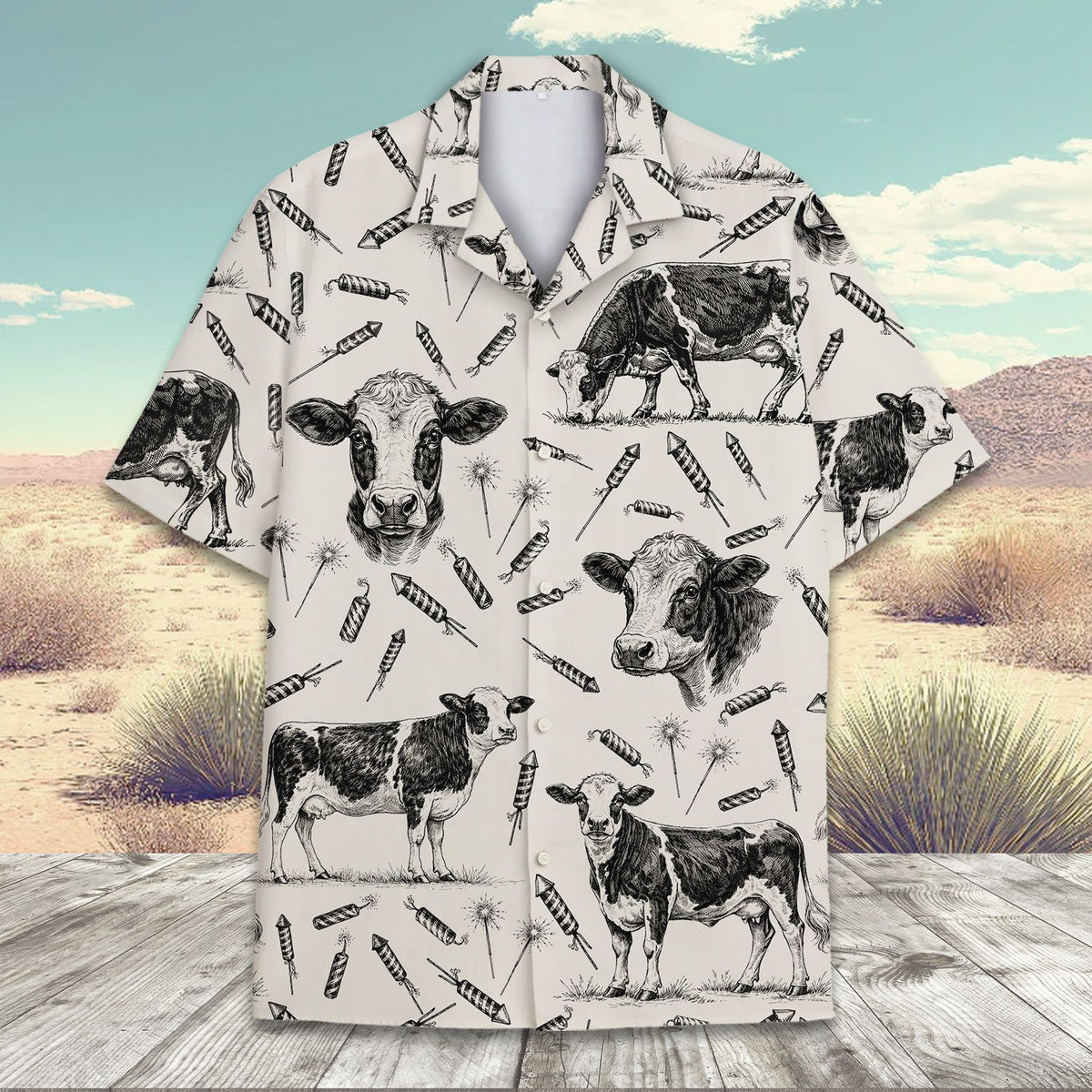 Another close up front view showing the collar and button details of the firecrackers hawaiian shirt
