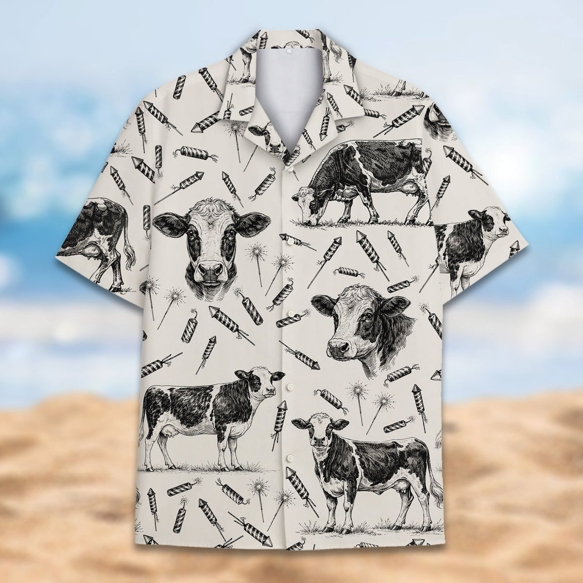Beige cows hawaiian shirt featuring vintage black and white fireworks and cow pattern, main view