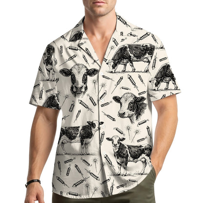 Lifestyle view of a person wearing the beige cows hawaiian shirt outdoors
