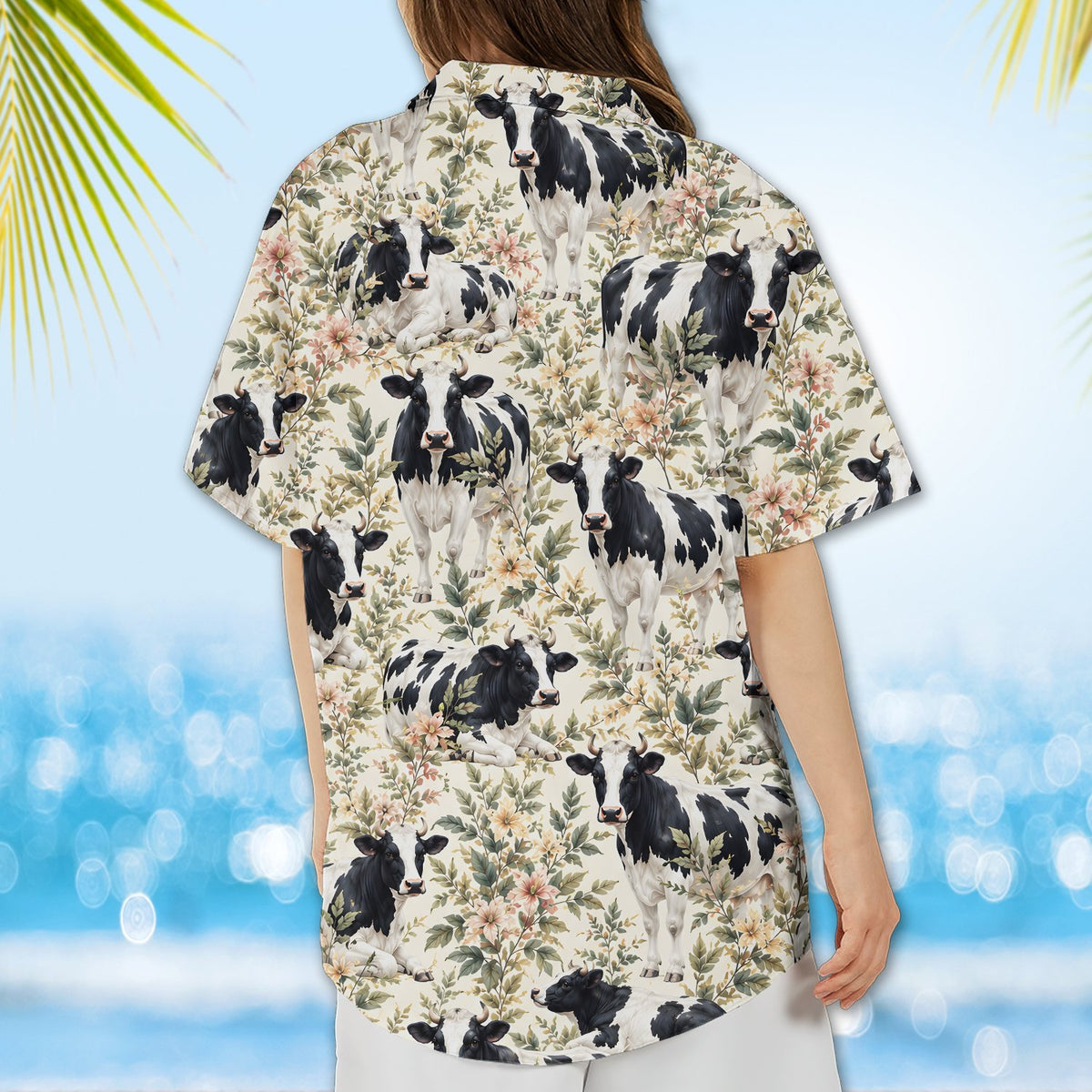 Second back view of cows hawaiian shirt showing the floral and cow pattern