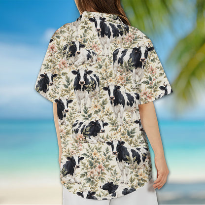 Third back view detailing the cow and flower print on off-white background