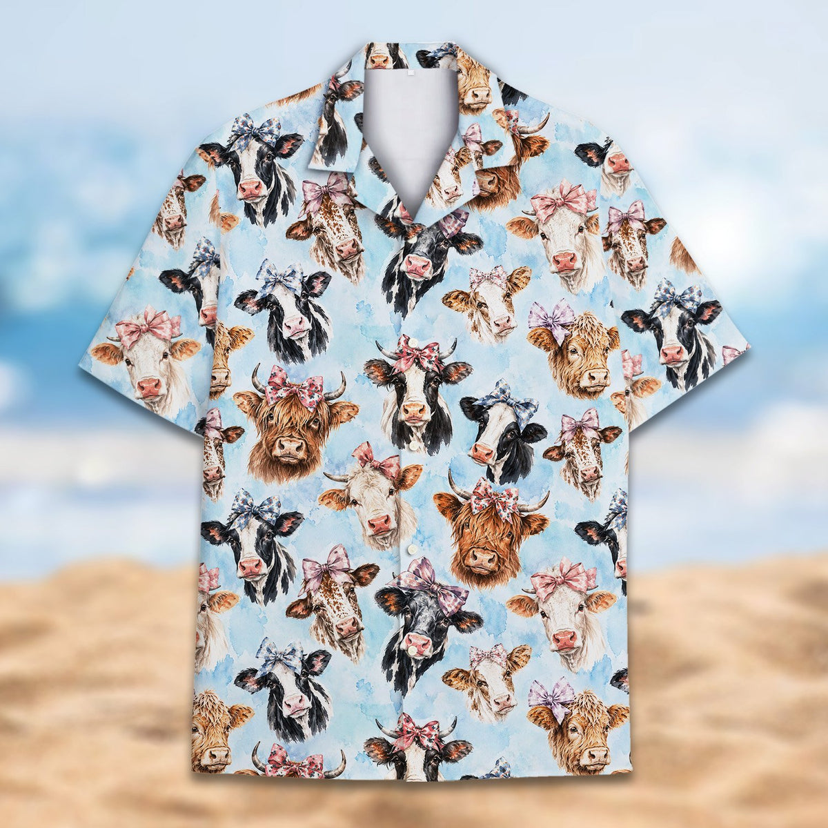 Front detail view of the animal hawaiian shirt with cows and bows