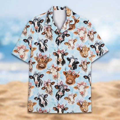 Front detail view of the animal hawaiian shirt with cows and bows