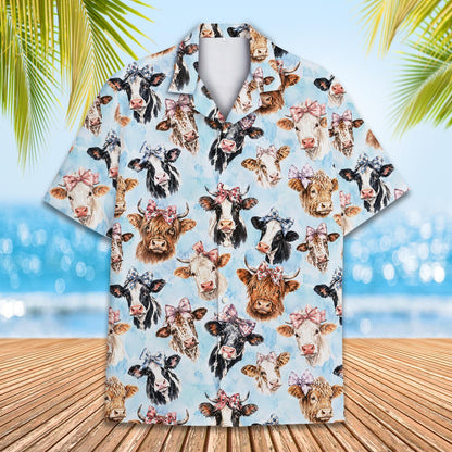 Matching family hawaiian shirts with light blue cow print, main view