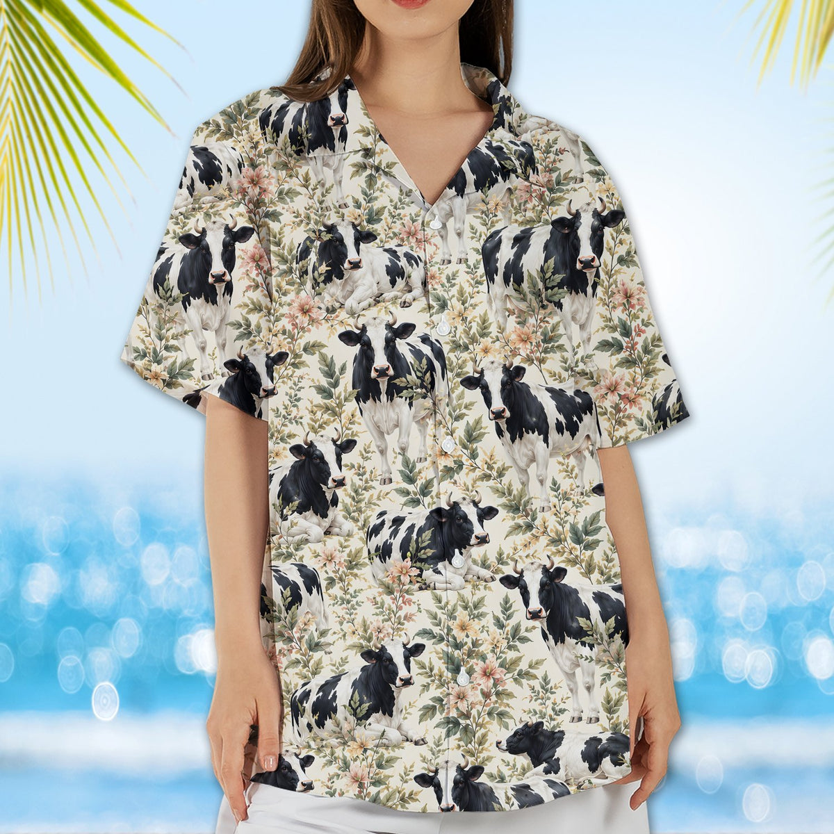 Front view of matching family hawaiian shirts with cow and floral design