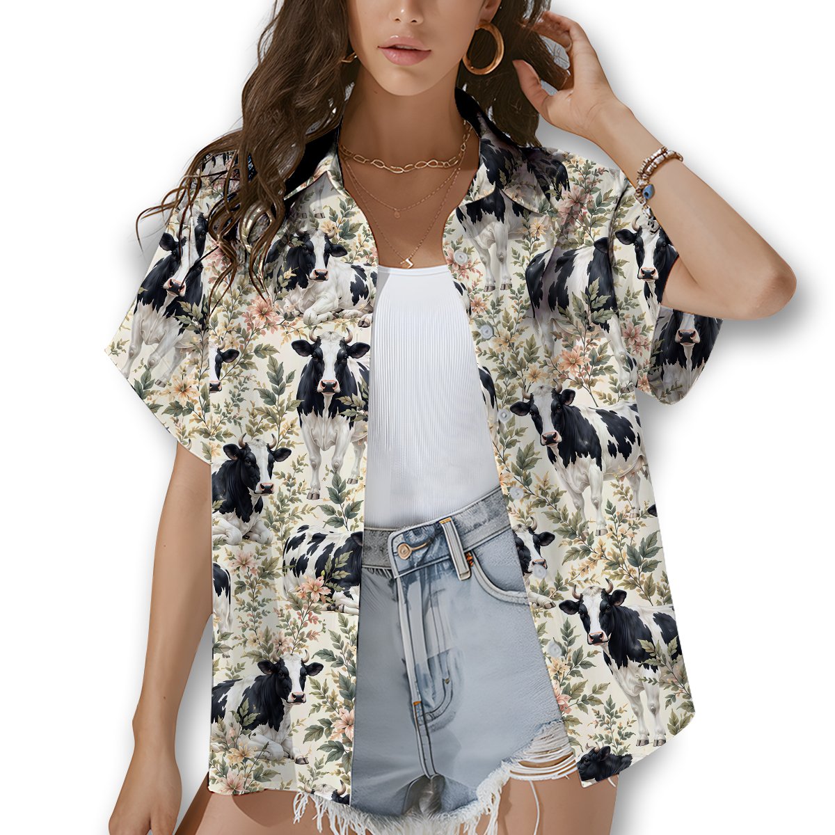 Second lifestyle view of the cows hawaiian shirt in a natural setting