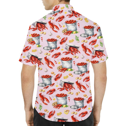Back view of the pink crawfish boil hawaiian shirt displaying the repeating pattern
