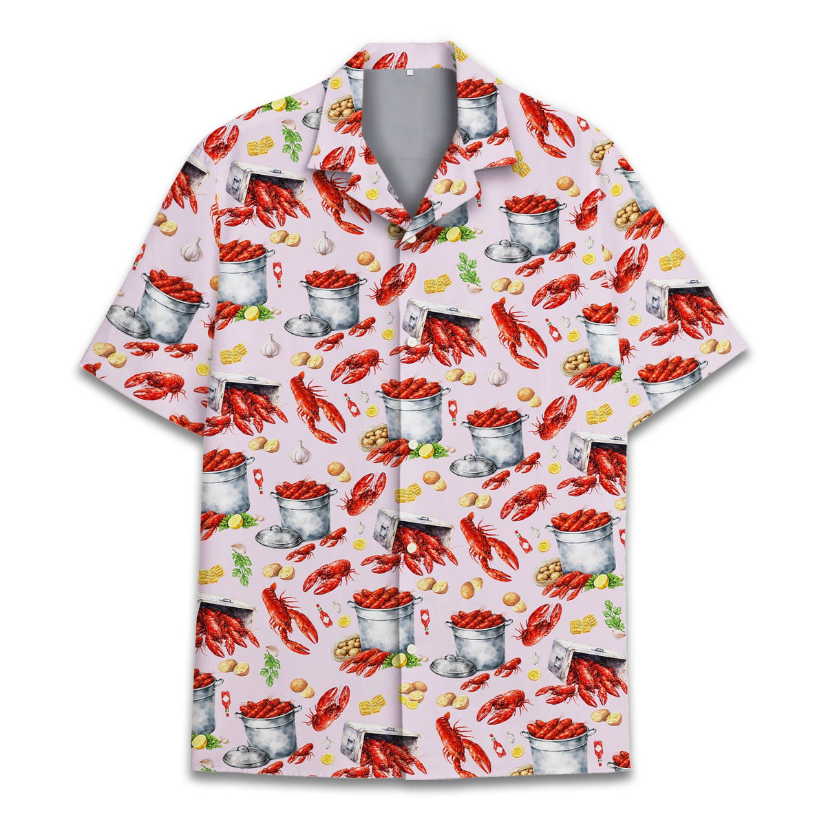 Close up front view highlighting the corn and potato graphics on the hawaiian shirt