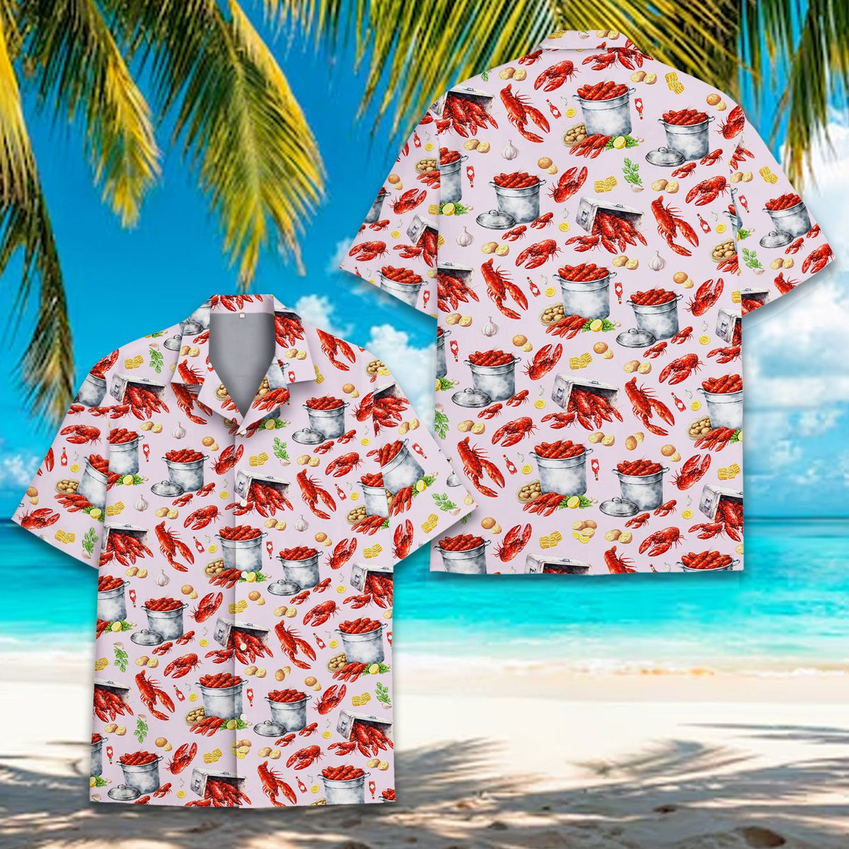 Front angle view of the crawfish boil patterned button-down shirt