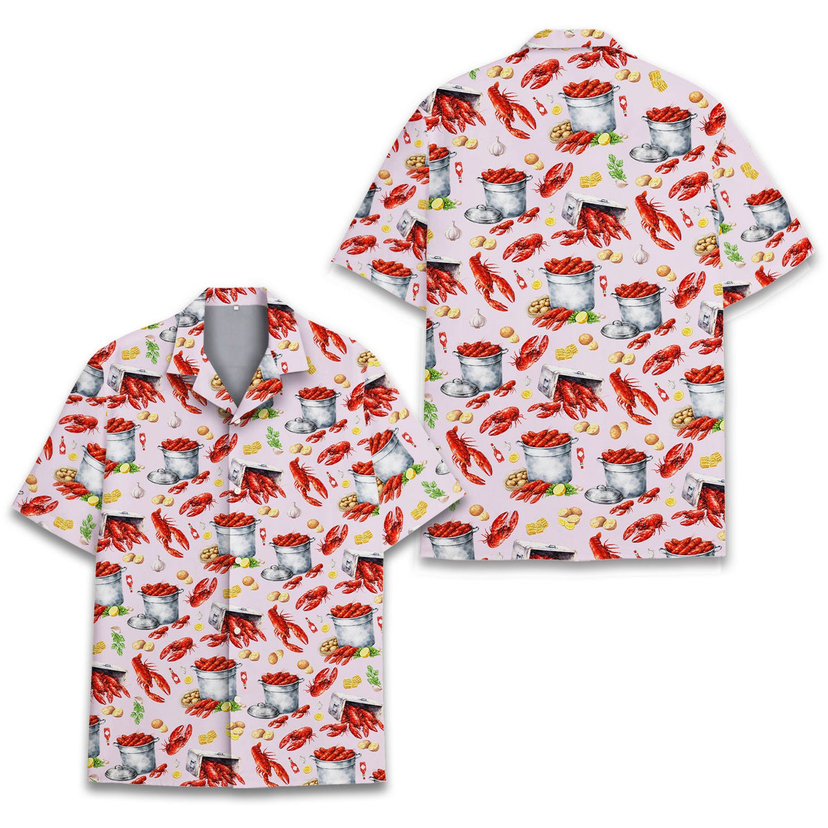 Detailed front view of the abstract seafood pattern on the hawaiian shirt