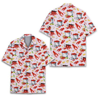 Detailed front view of the abstract seafood pattern on the hawaiian shirt