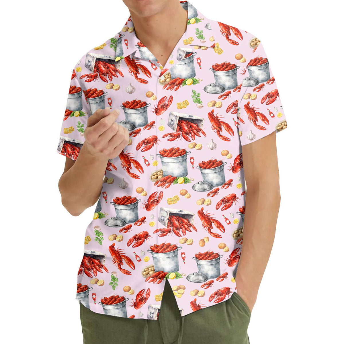 Front view of the pink crawfish boil hawaiian shirt with red crawfish and boiling pots