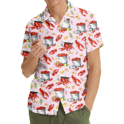 Front view of the pink crawfish boil hawaiian shirt with red crawfish and boiling pots