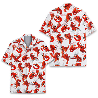 Front view of the white crawfish/lobster hawaiian shirt