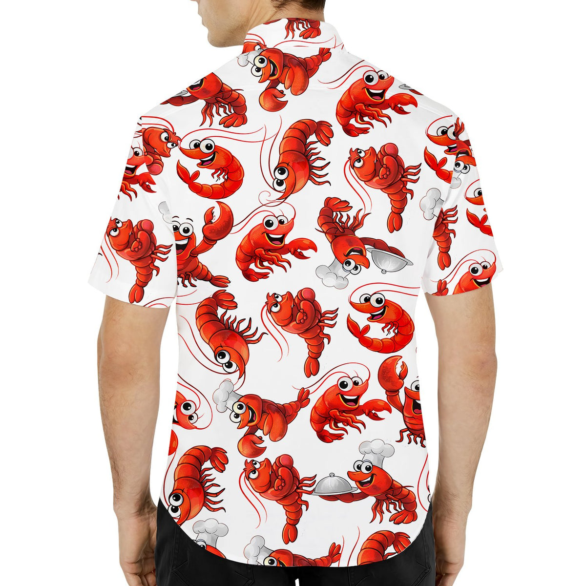 Third lifestyle view of the family wearing matching crawfish hawaiian shirts