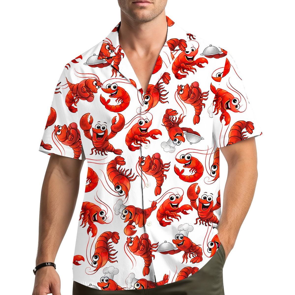 Lifestyle view of the matching family hawaiian shirts with chef lobster design