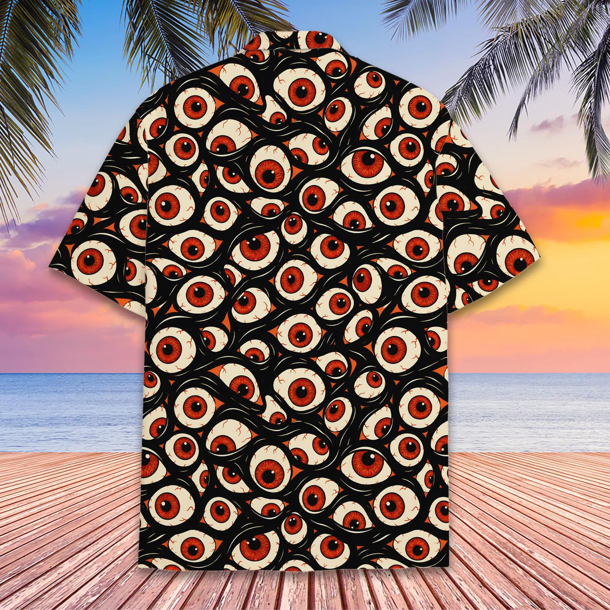 Back view of the creepy hawaiian shirt showing the continuous abstract eyeball pattern