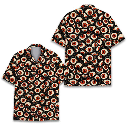 Another front view showing the detailed red irises on the eyeballs hawaiian shirt