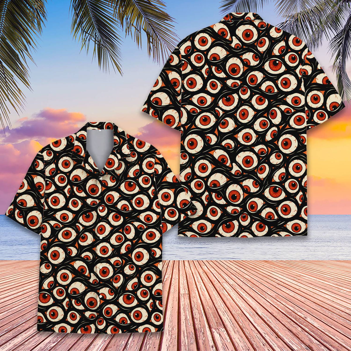 Front view highlighting the dark swirling shapes of the black creepy hawaiian shirt