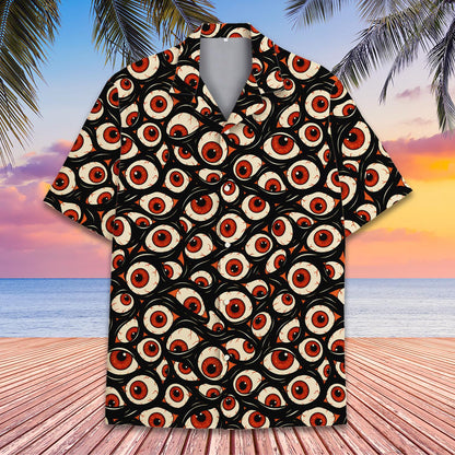 Front view of the abstract hawaiian shirt with dense overlapping eyeball print