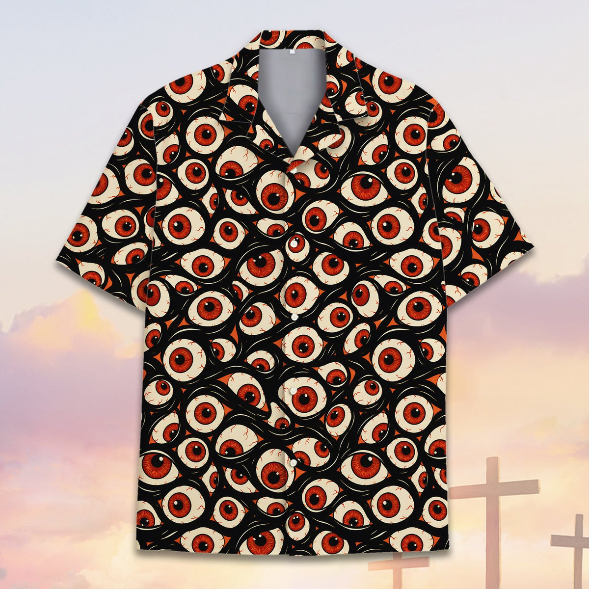 Front view of the polyester matching family shirt with a red and black pattern