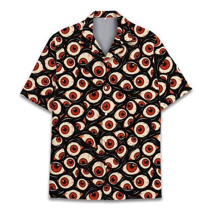 Front view of the eye-catching creepy eyeballs hawaiian shirt