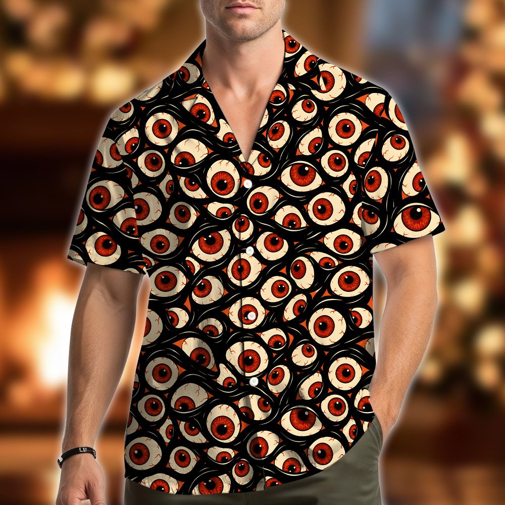 Front view detailing the collar and button-down style of the abstract shirt