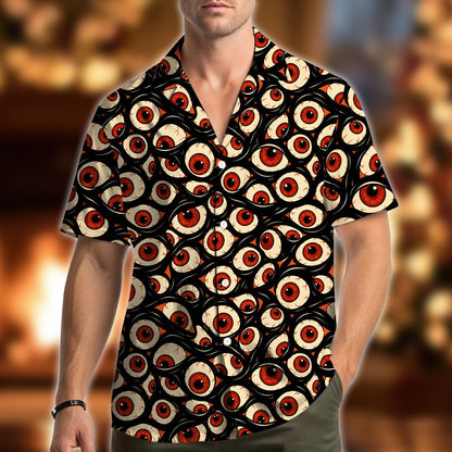 Front view detailing the collar and button-down style of the abstract shirt