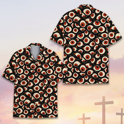 Front view of the matching family hawaiian shirts displaying the abstract eyeballs pattern