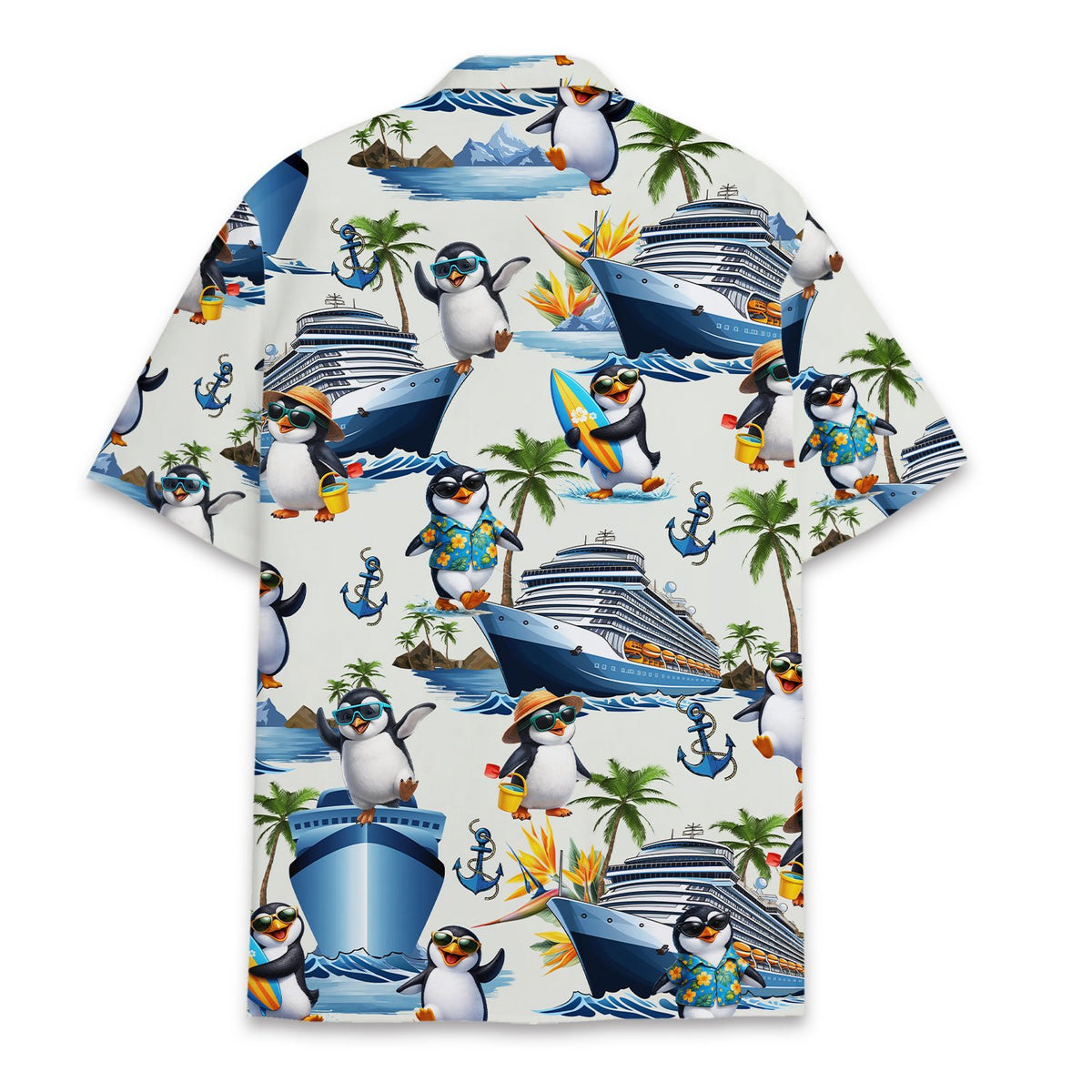 Back view of the matching family hawaiian shirt with cruise and tropical penguin pattern