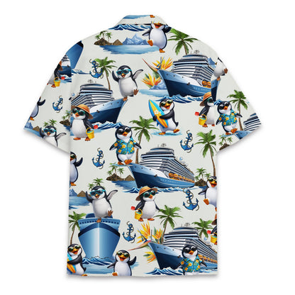 Back view of the matching family hawaiian shirt with cruise and tropical penguin pattern