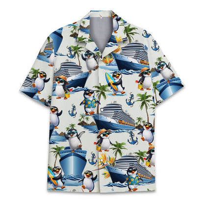 Front view of the beige cruise hawaiian shirt with cartoon penguins and ships