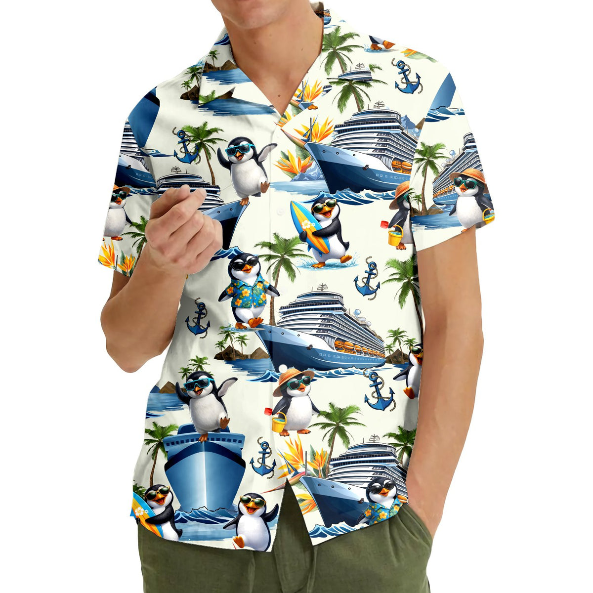 Second lifestyle view showing the beige cruise hawaiian shirt outdoors