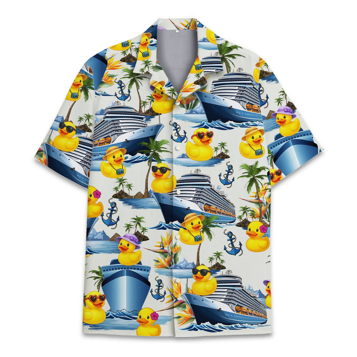 Main view of the white cruise hawaiian shirt featuring tropical ships and flowers