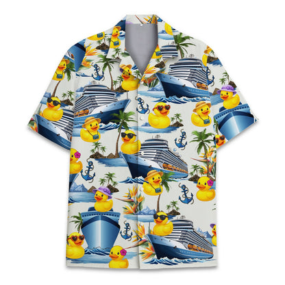 Main view of the white cruise hawaiian shirt featuring tropical ships and flowers