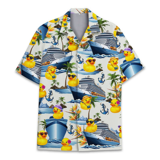 Main view of the white cruise hawaiian shirt featuring tropical ships and flowers