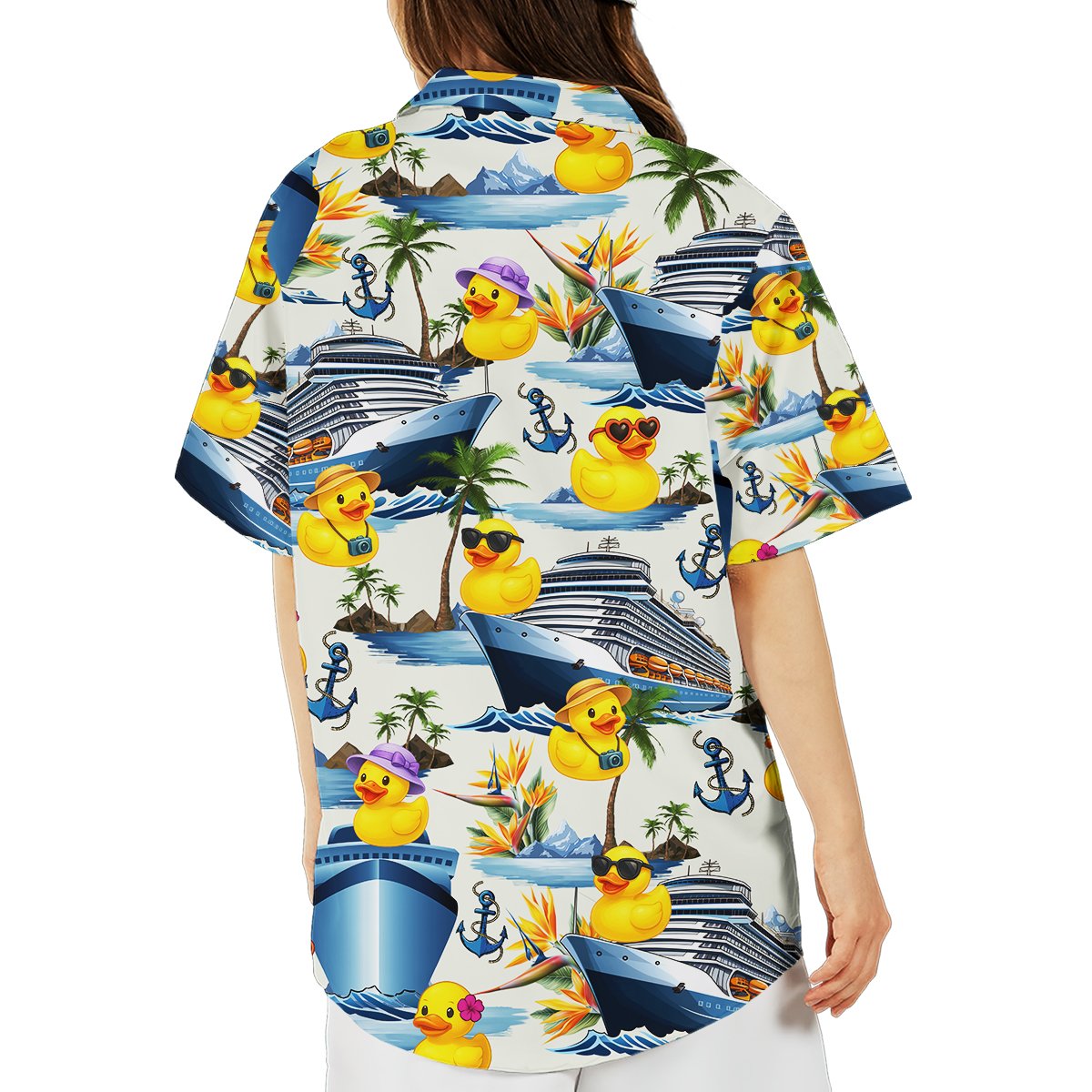 Lifestyle view of the tropical cruise hawaiian shirt on a sunny day