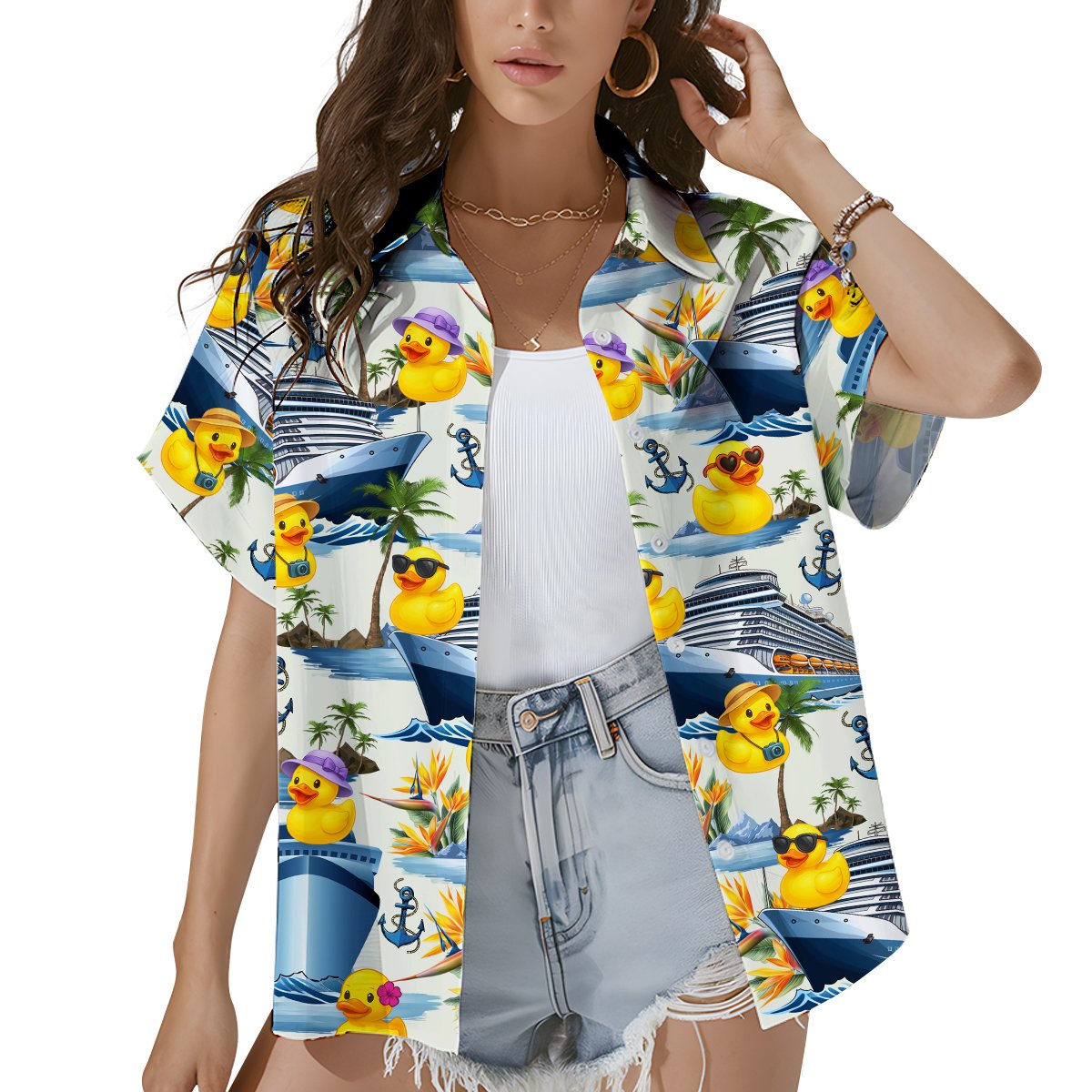Lifestyle view of the matching family hawaiian shirts outdoors