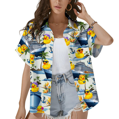Lifestyle view of the matching family hawaiian shirts outdoors