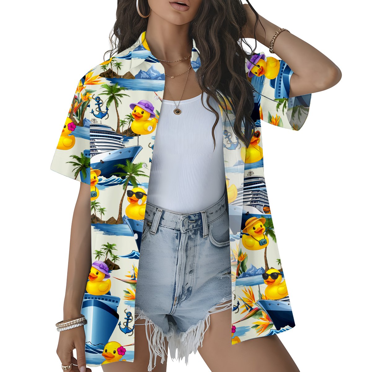 Lifestyle view highlighting the cruise ship print on the white hawaiian shirt