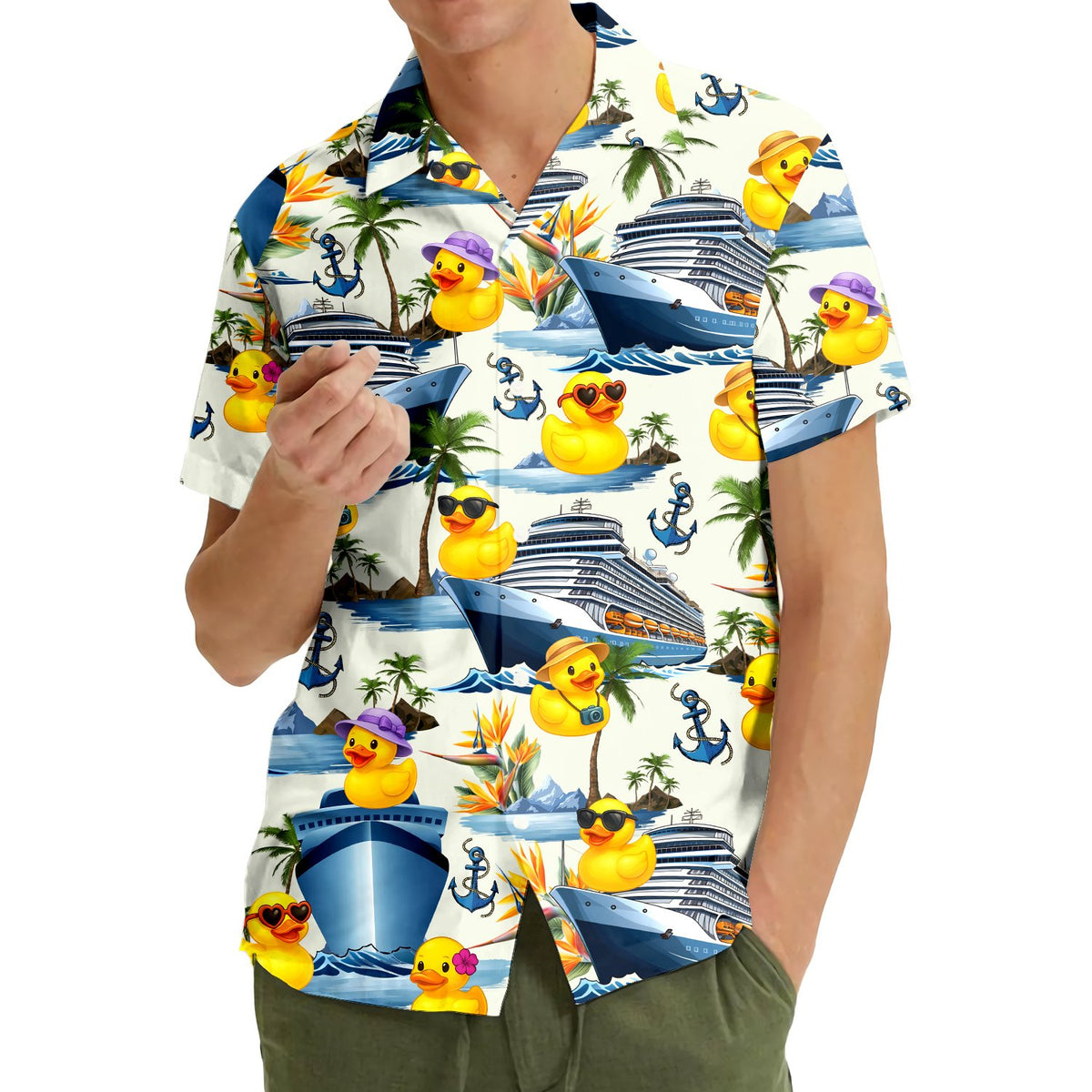 Close-up lifestyle view of the white cruise hawaiian shirt design elements