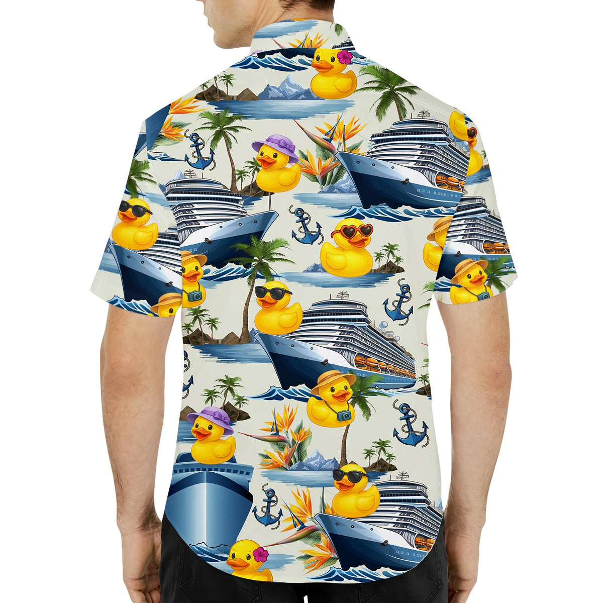 Lifestyle view of a person wearing the white cruise hawaiian shirt by the water
