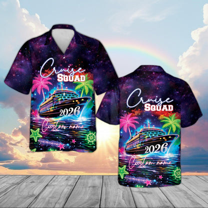 Personalized navy cruise hawaiian shirt with neon ship design and custom name and number, main view