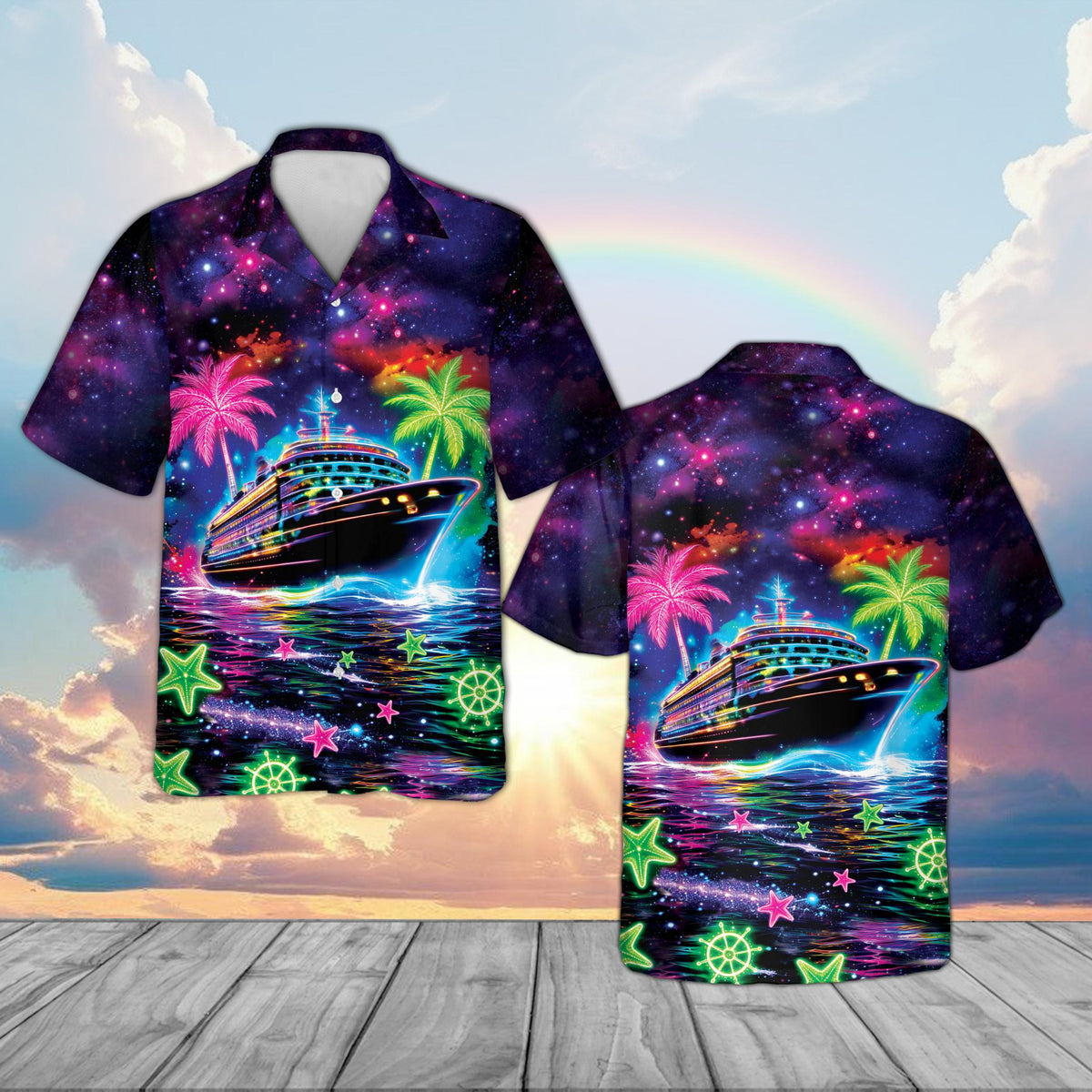 Close up front view of navy cruise hawaiian shirt with custom details