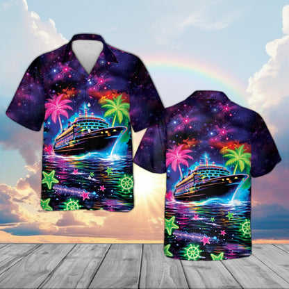 Close up front view of navy cruise hawaiian shirt with custom details